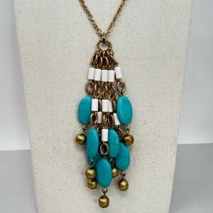 Lilly‎ Pulitzer Tassel Necklace Beaded Boho Resort Statement Long Gold Tone